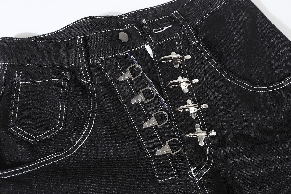 Wide-Leg Baggy Black Jeans with Safety Pin Closures – Streetwear Barrel Fit