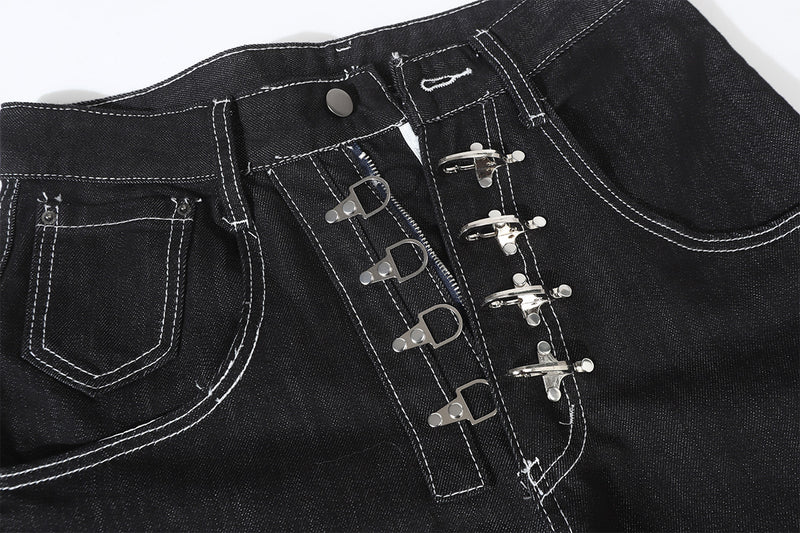 Wide-Leg Baggy Black Jeans with Safety Pin Closures – Streetwear Barrel Fit
