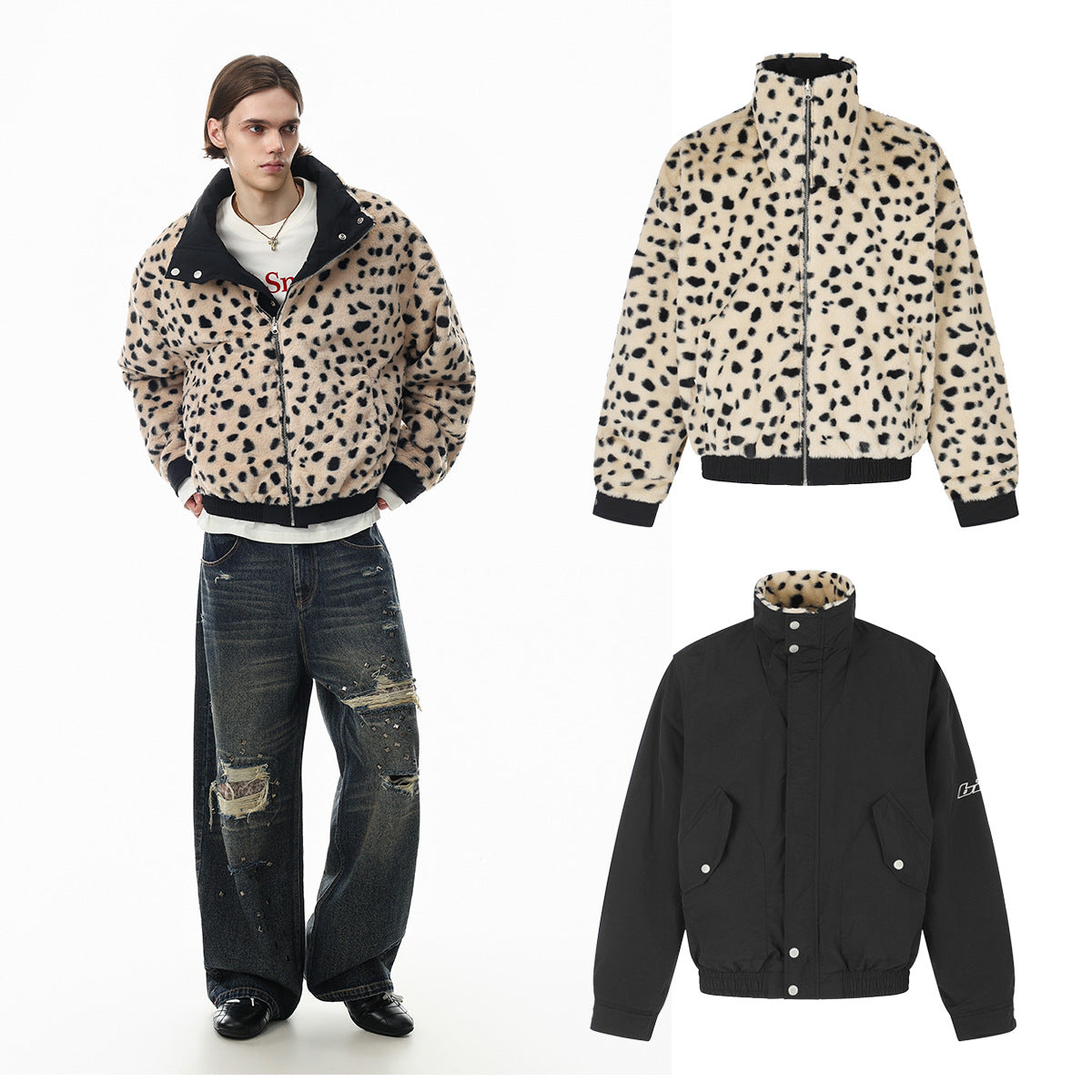 Reversible Dalmatian Faux Fur Bomber Jacket – Two-Way Wear Padded Coat