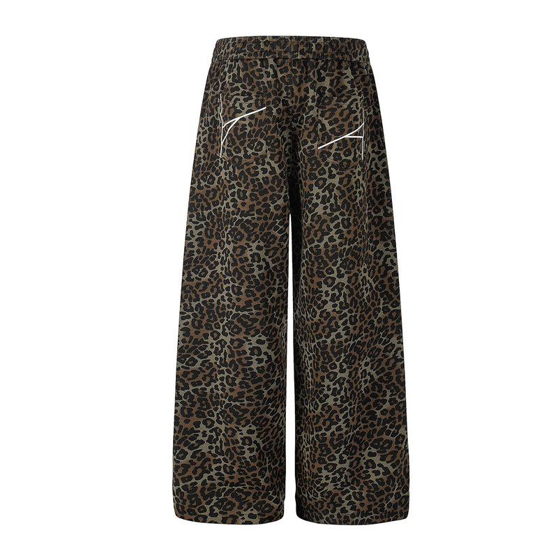 Pantalon marron à jambes larges – pantalon de survêtement droit à taille élastique et imprimé léopard