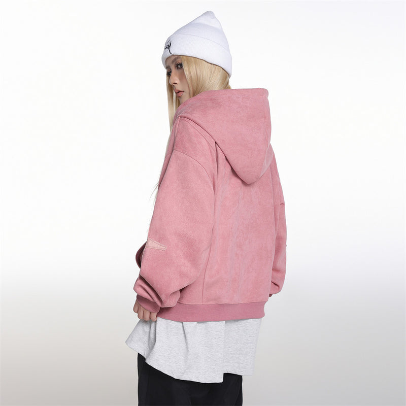 Baggy Zip Up Hoodie with Letter Appliqué — Oversized Streetwear Zip Hoodie