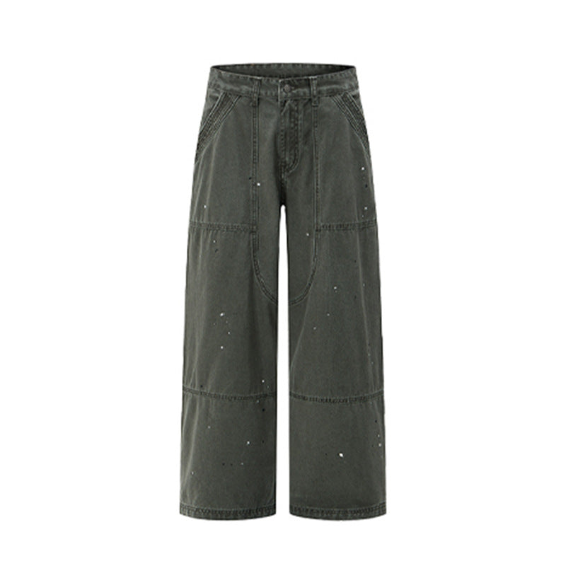 Baggy Cargo Pants Men – Olive Green Paint-Splatter Deconstructed Workwear