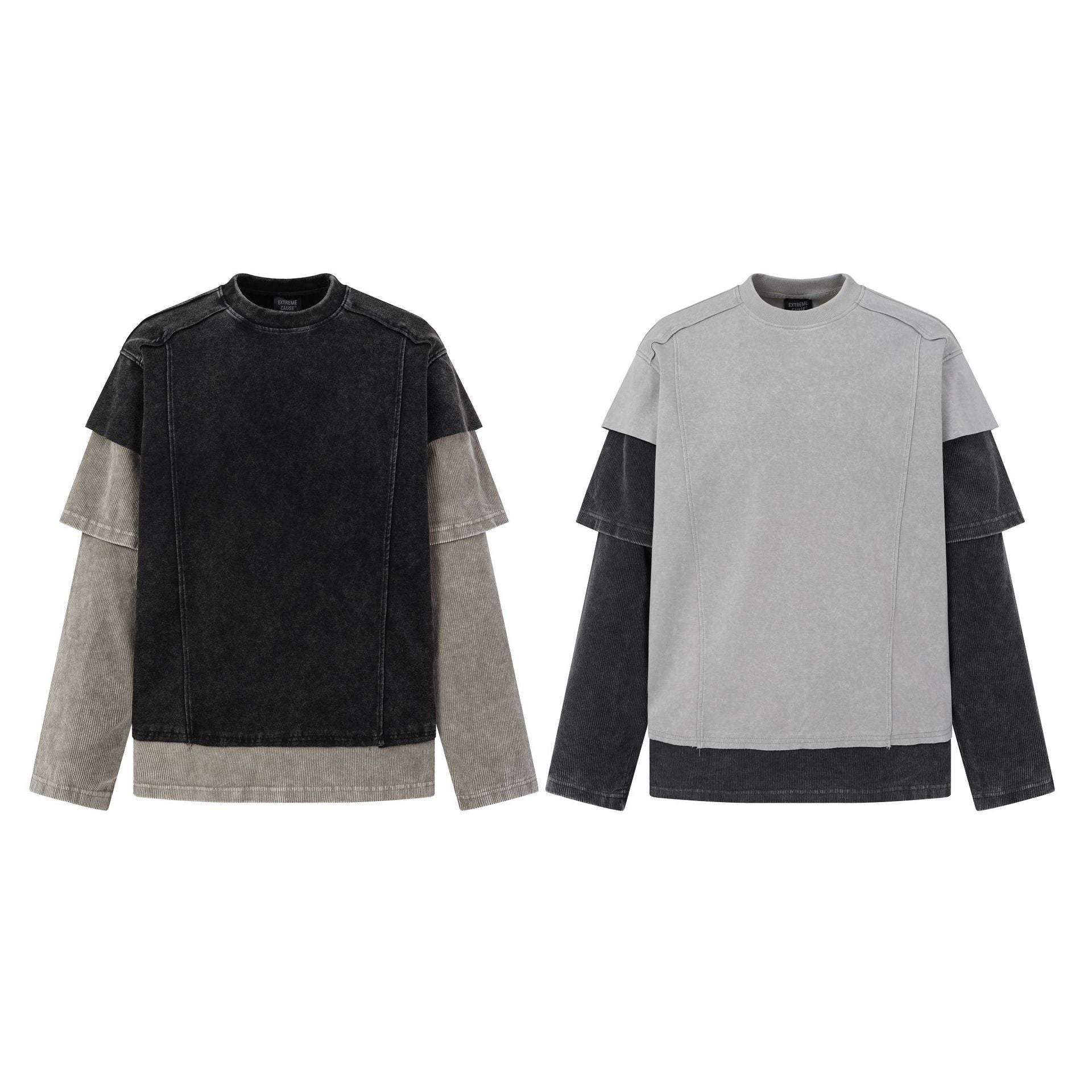 Sudadera efecto superpuesto de lavado ácido con mangas de pana – Deconstruida