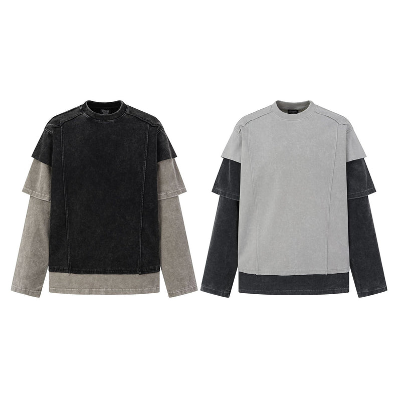Sudadera efecto superpuesto de lavado ácido con mangas de pana – Deconstruida