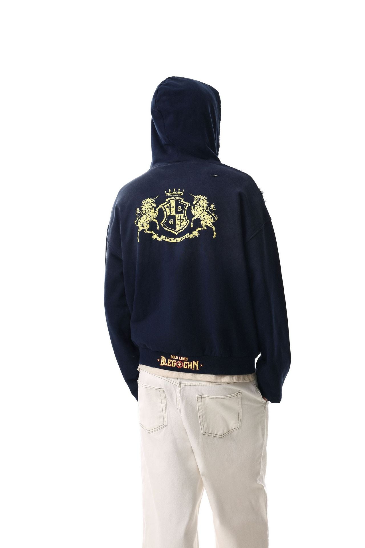Distressed-Zip-Hoodie mit goldenem Wappenprint – Navy