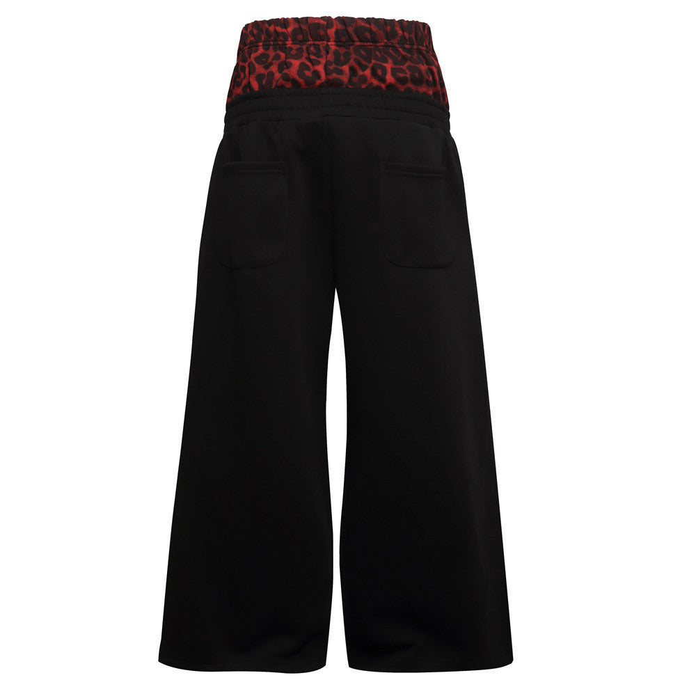 Wide-Leg Sweatpants with Leopard Print Double Waistband & Side Studs