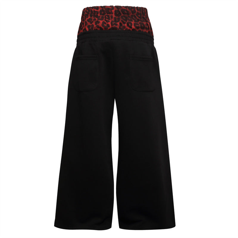 Wide-Leg Sweatpants with Leopard Print Double Waistband & Side Studs