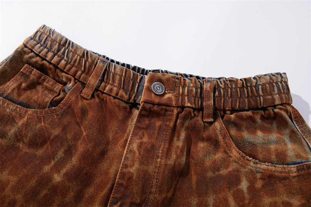 Leopard Print Wide-Leg Denim Shorts – Washed Rust Brown Animal Print