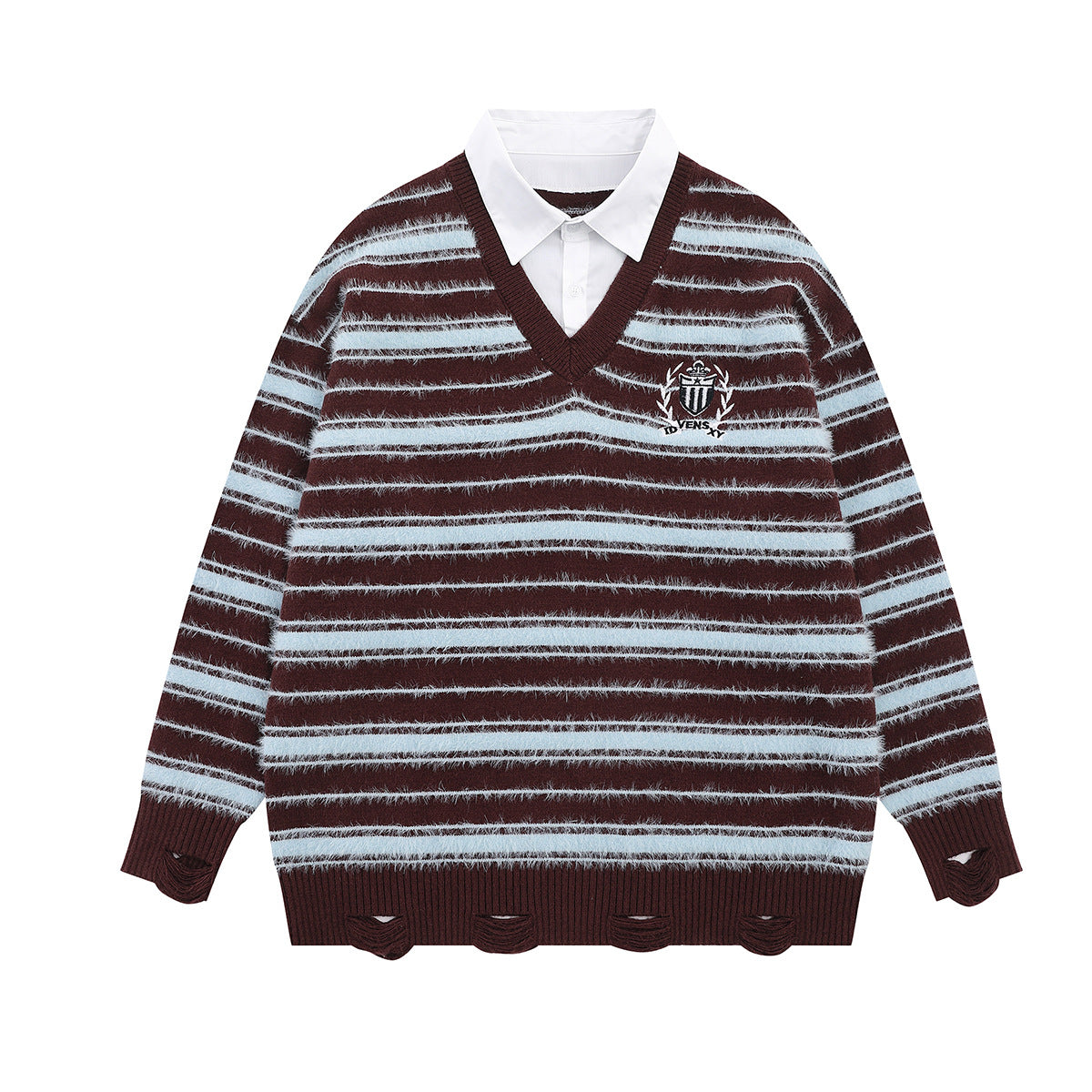Striped Knit Sweater with Layered Shirt Collar and Tie Detail, Preppy Academy