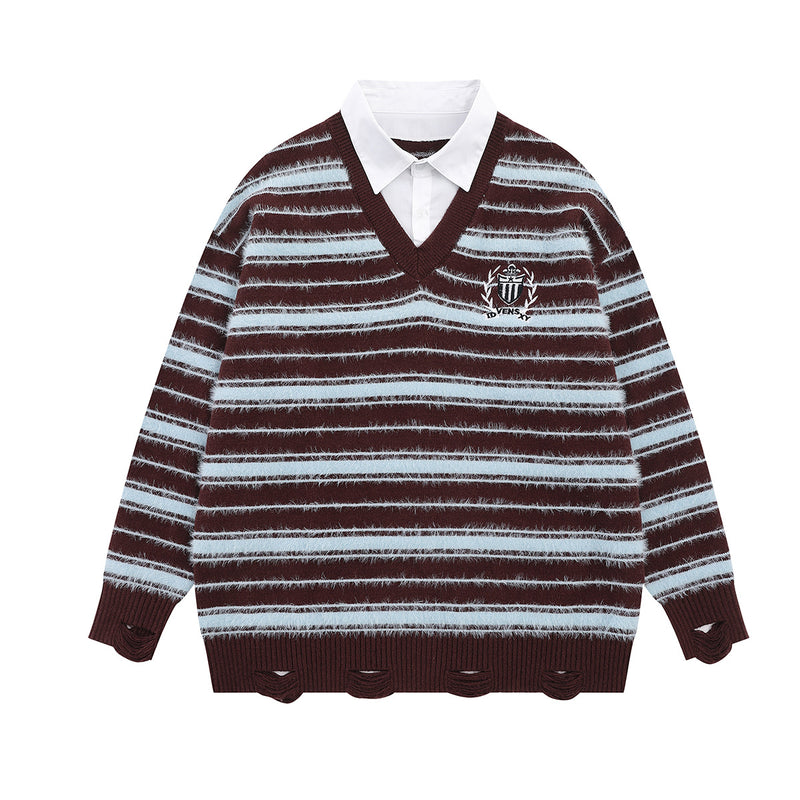 Striped Knit Sweater with Layered Shirt Collar and Tie Detail, Preppy Academy