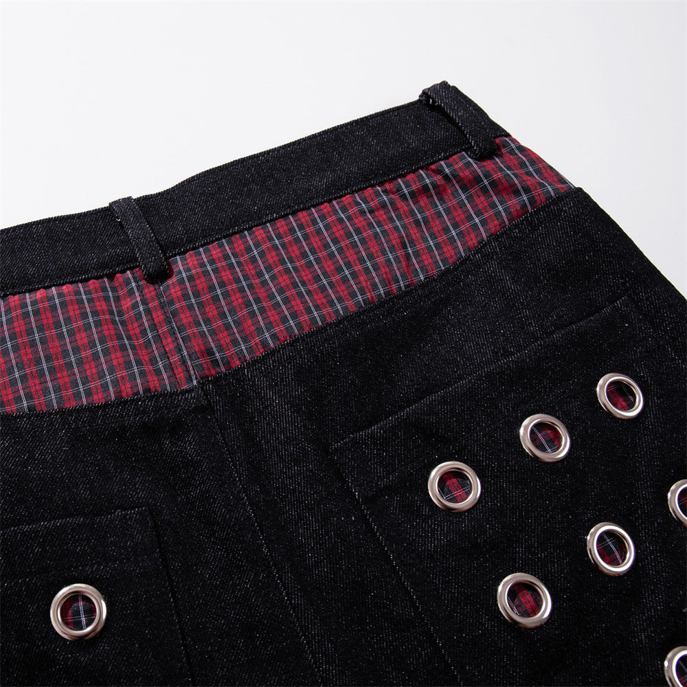 Wide-Leg Denim Jeans with Metal Eyelet Detail & Button Fly