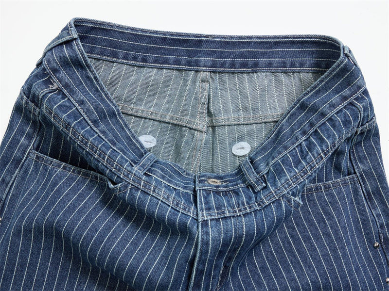 Men's Blue and White Striped Pants Wide-Leg Jeans with Rivet Side Detail