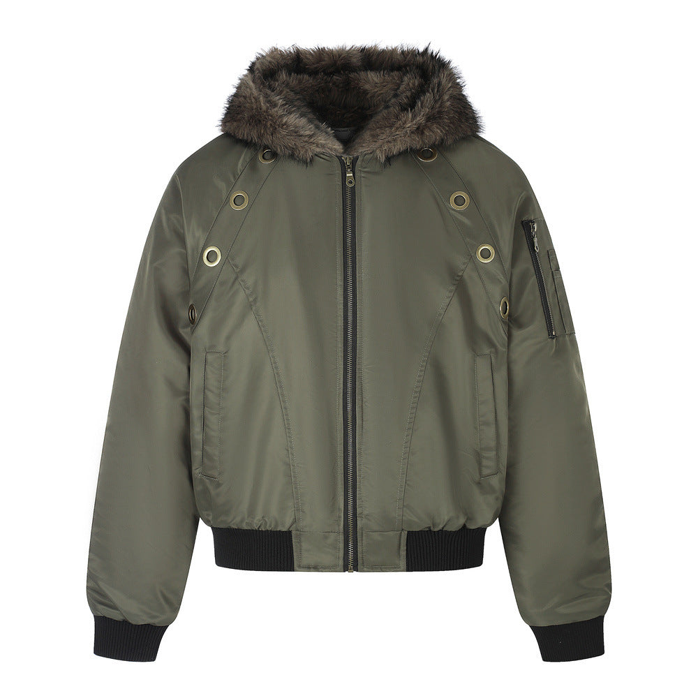 Faux Fur Hood Bomber Jacket – Metal Eyelet Detail Men's Winter Padded Flight