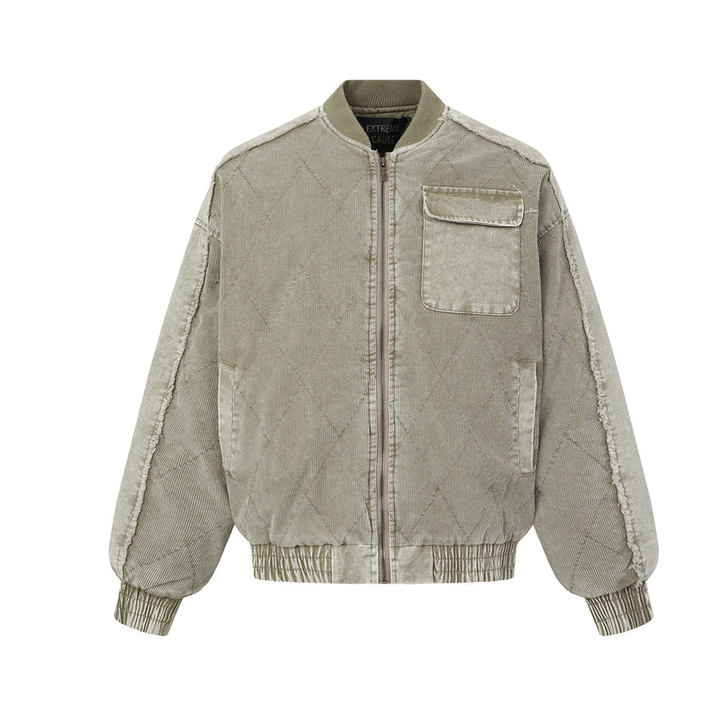 Quilted Corduroy Bomber Jacket – Acid-Washed Raw-Edge Baseball Jacket