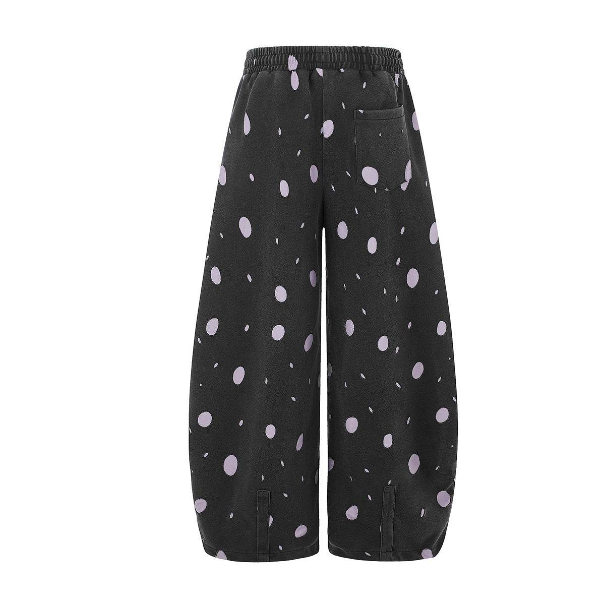 Wide-Leg Sweatpants Black Polka Dot Print Elastic Waist Drawstring