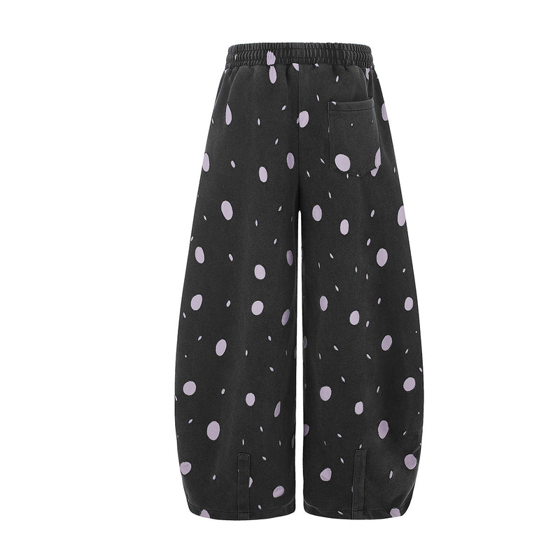 Wide-Leg Sweatpants Black Polka Dot Print Elastic Waist Drawstring