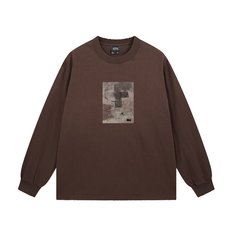 Langarmshirt mit Kreuz-Print und Acid-Wash – Vintage-Distressing mit offenem Saum