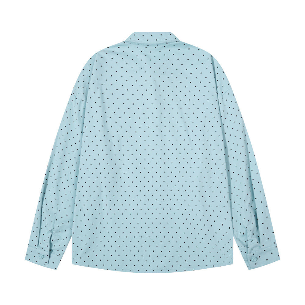 Back view of a light blue long sleeve button-down shirt with black polka dots