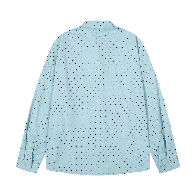 Back view of a light blue long sleeve button-down shirt with black polka dots