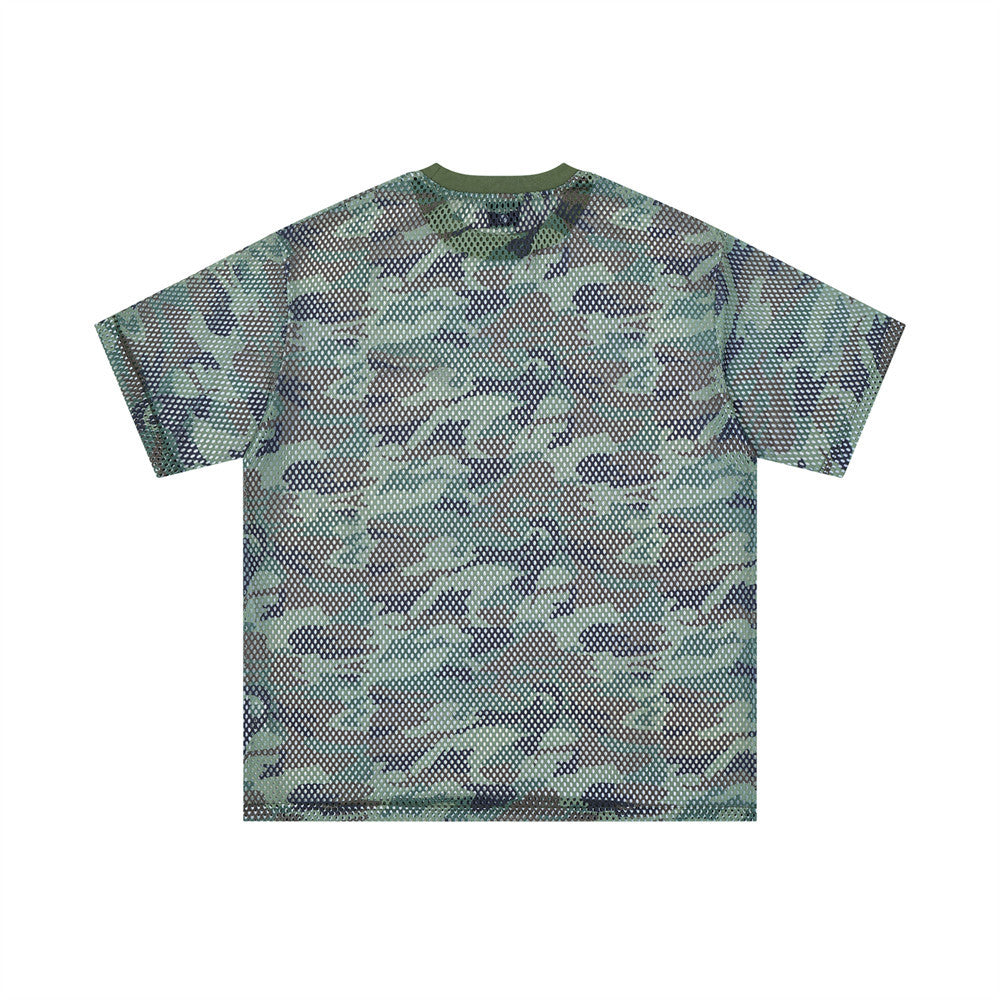 Men's Crew Neck T-Shirt Camo Print Mesh Short Sleeve Oversized Tee
