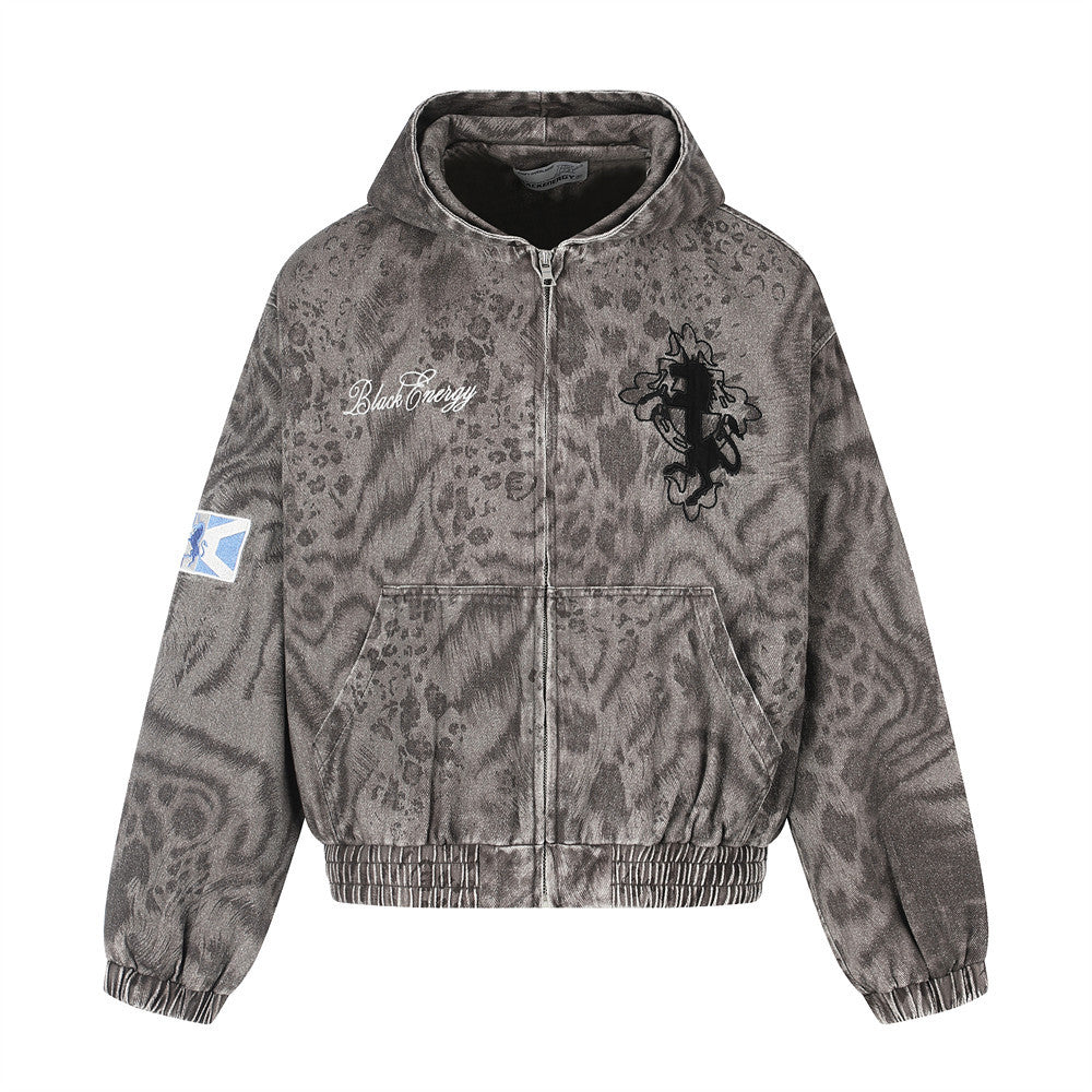 Oversized grey-brown leopard tie-dye washed denim hooded zip-up jacket with embroidered Black Energy script and number 7 back