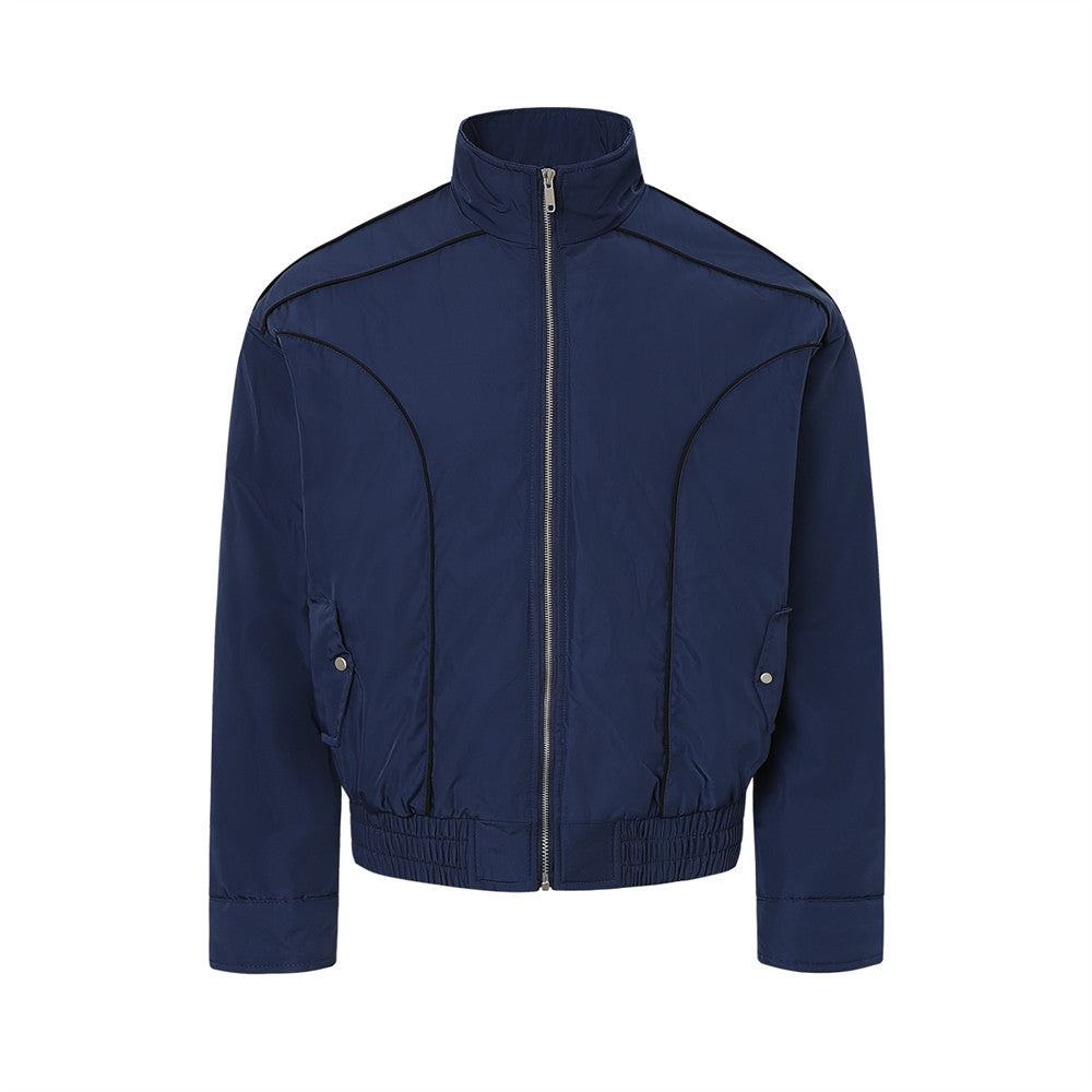 Men's navy blue stand collar bomber jacket with curved piping seams and padded lining, front view