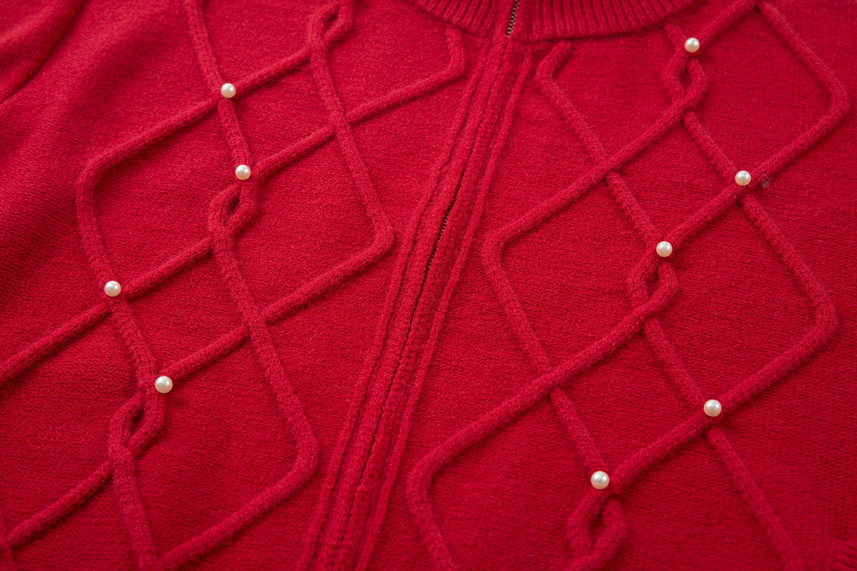 Cable Knit Zip-Up Sweater Jacket with Pearl Embellishments