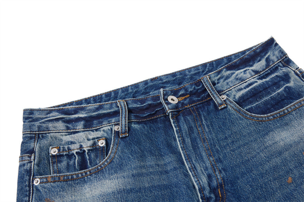 Men's Washed Distressed Flare Jeans with Graffiti Paint Splatter