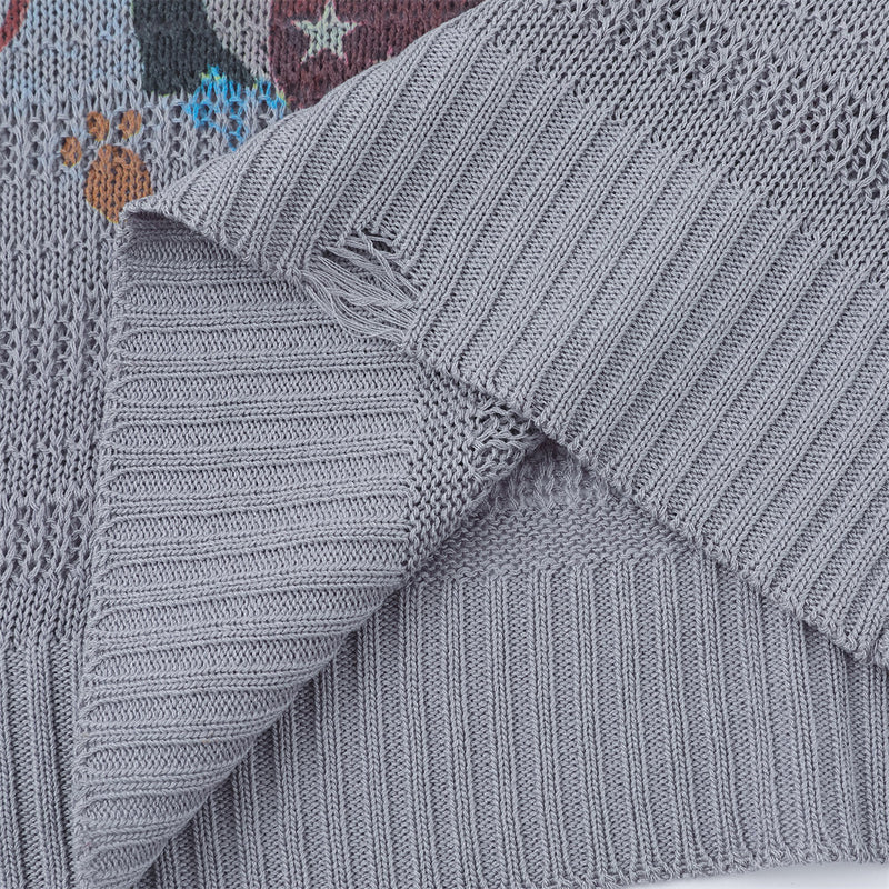 Jersey de punto de cuello redondo con gráfico de cachorro – Corte holgado y manga larga de punto calado