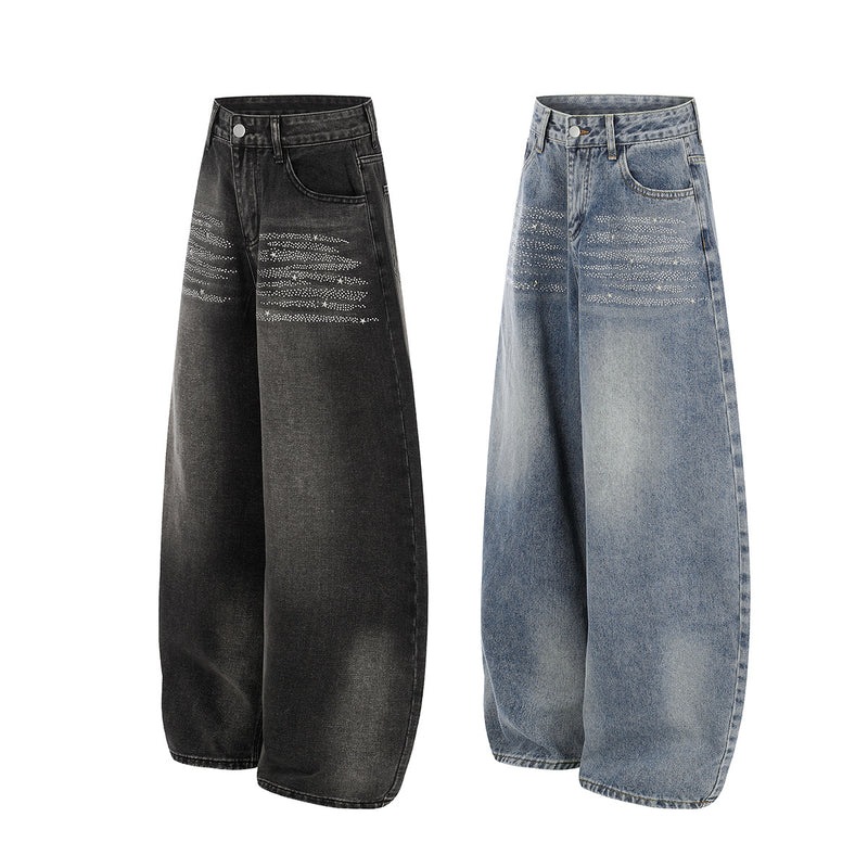 Jean baggy taille haute – Denim barrel à jambes larges avec étoiles en strass