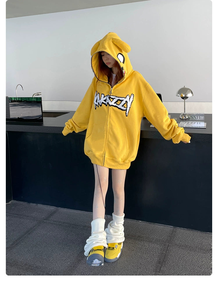 Kawaii Yellow Dog Hoodie - 400GSM Cotton Oversized Zip-Up Hoodie for Anime Streetwear Fans