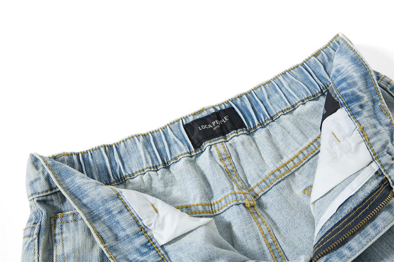 Wide-Leg Washed Denim Jeans with Cross Star Embroidery & Rhinestone Pocket