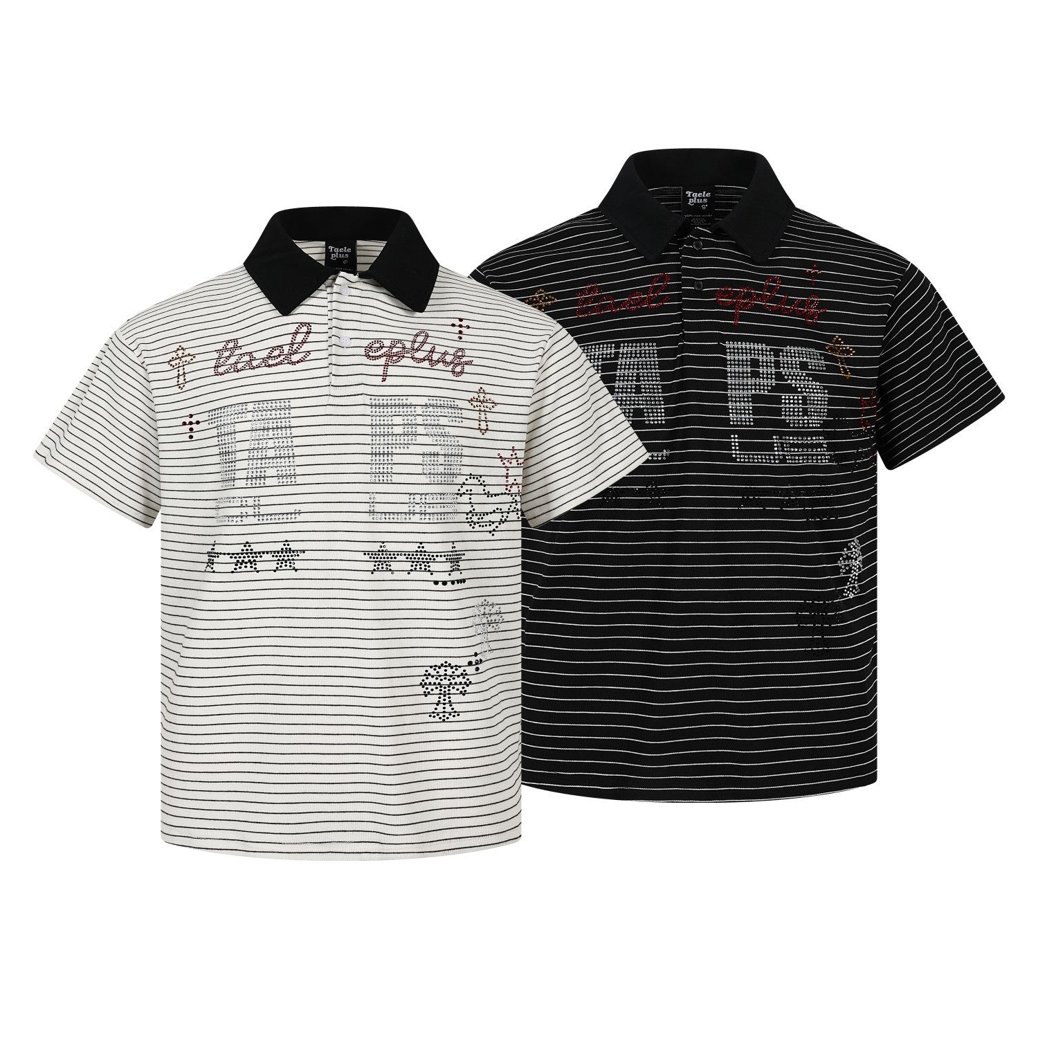 Polo de rayas con gráfico de letras de strass – Manga corta y cuello negro