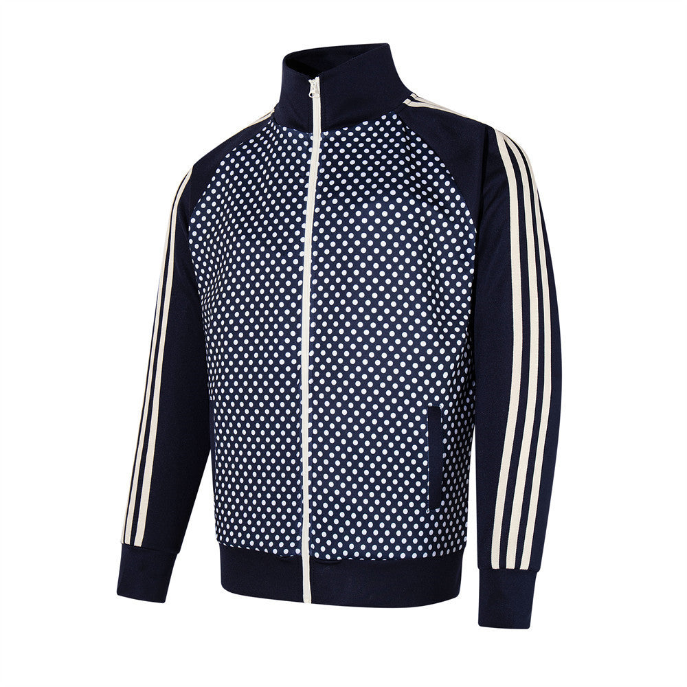 Chaqueta deportiva de hombre con lunares: azul marino con cremallera y bandas en las mangas