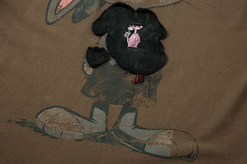T-shirt graphique à manches longues – Imprimé écusson lapin streetwear, rayures et manches raglan