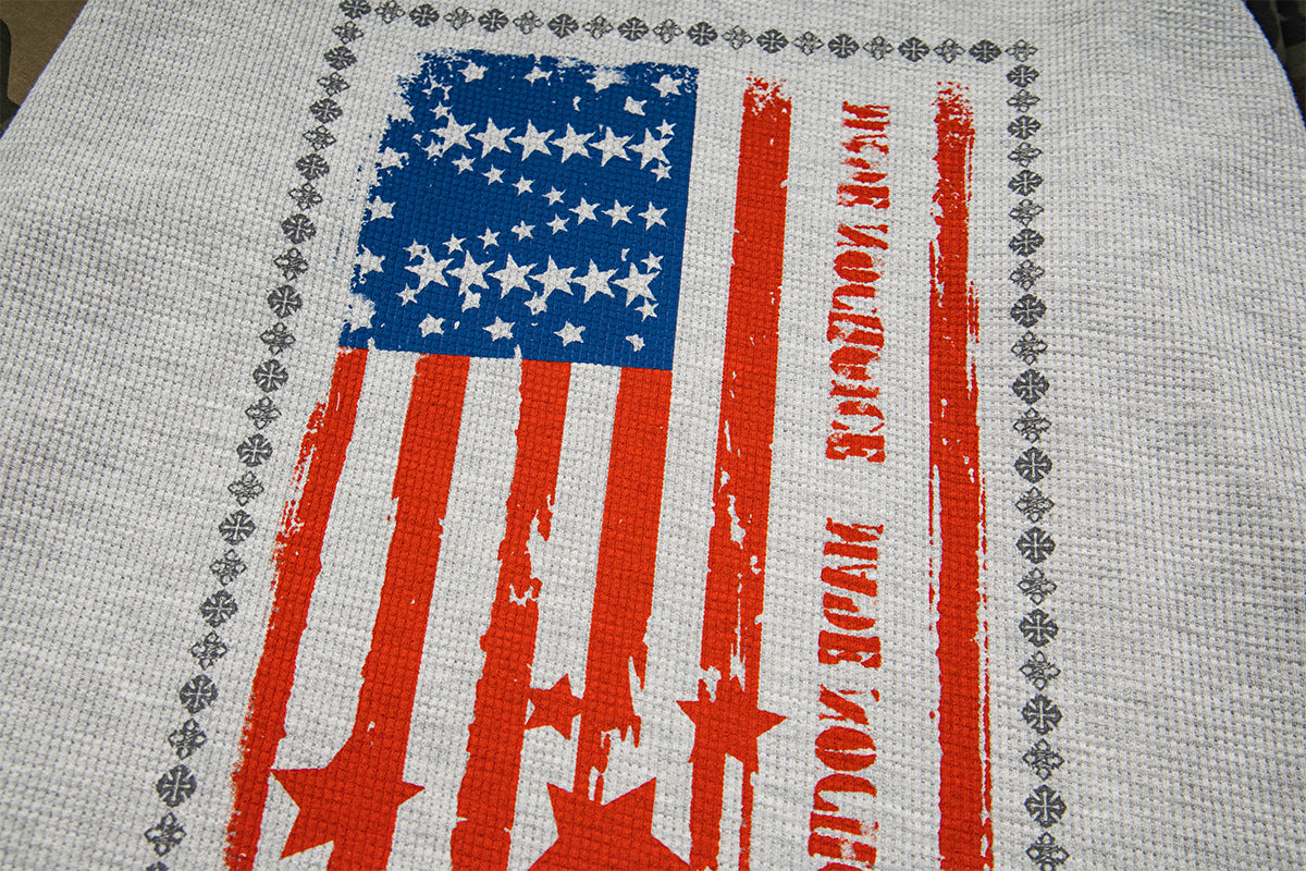 American Flag Camo Raglan Long-Sleeve Shirt – Waffle Knit Body, V-Notch Neck
