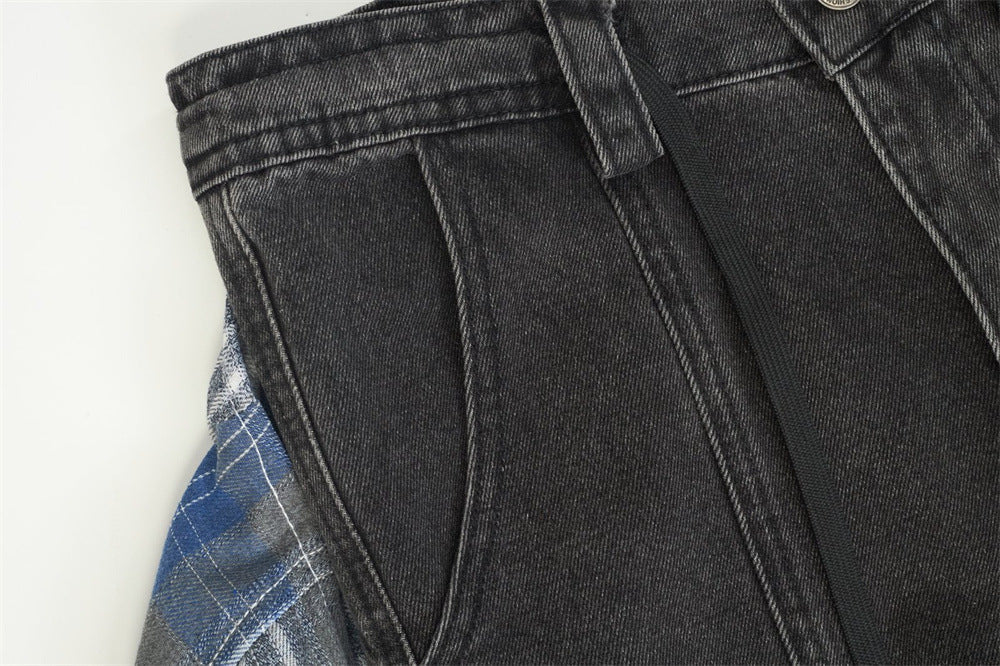 Wide-Leg Jeans with Detachable Plaid Skirt Overlay — Deconstructed Punk