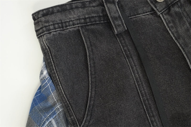 Wide-Leg Jeans with Detachable Plaid Skirt Overlay — Deconstructed Punk