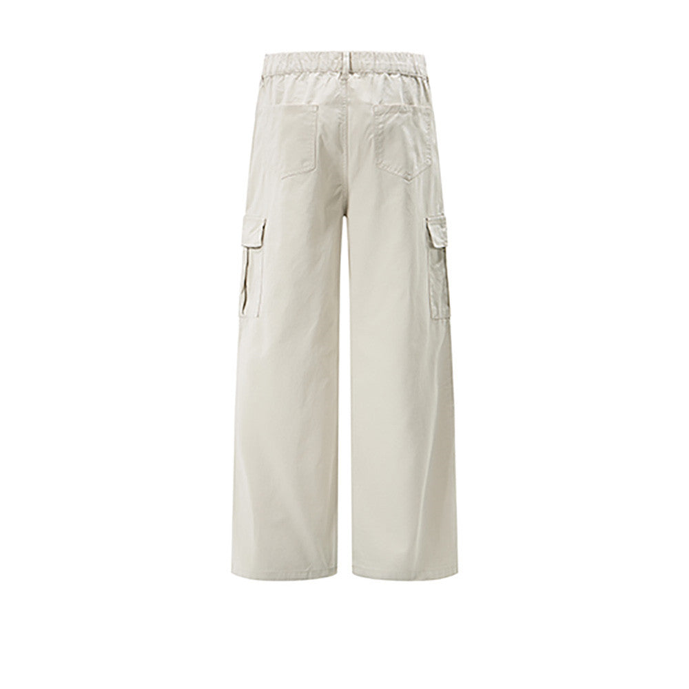 Cream cargo pants, back view with elastic waistband and rear pockets