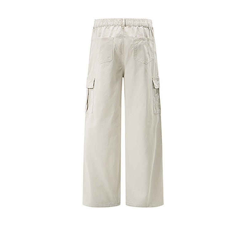 Cream cargo pants, back view with elastic waistband and rear pockets
