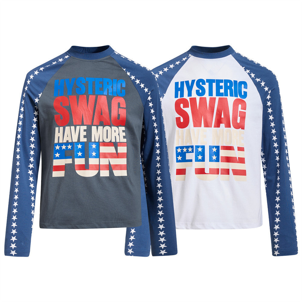 Men's Long Sleeve Graphic Tee – Stars Raglan Colorblock with American Flag