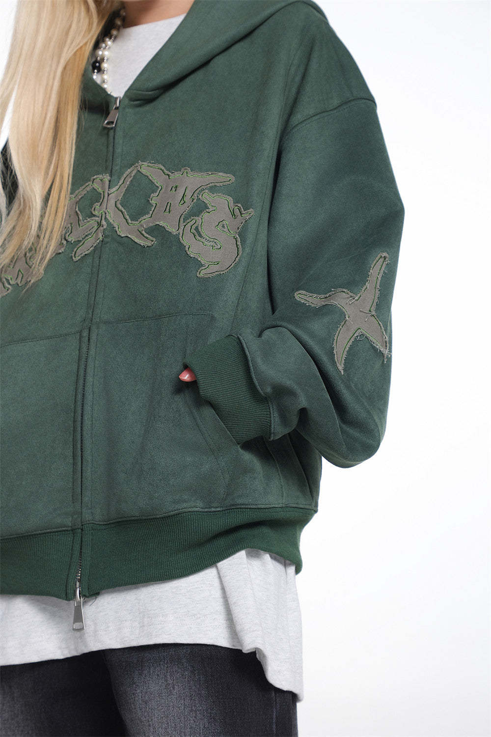 Baggy Zip Up Hoodie with Letter Appliqué — Oversized Streetwear Zip Hoodie
