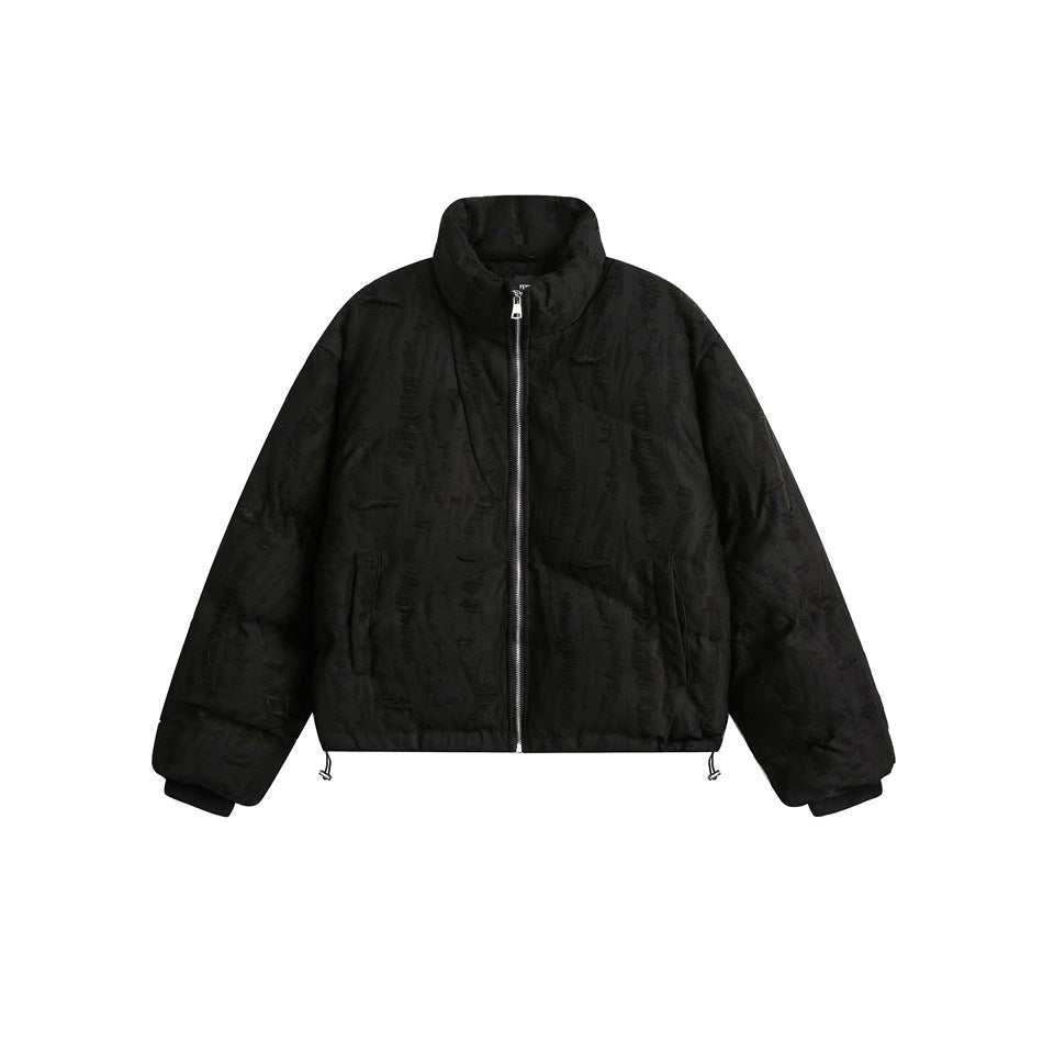 Distressed Texture Puffer Jacket Stand Collar Padded Coat