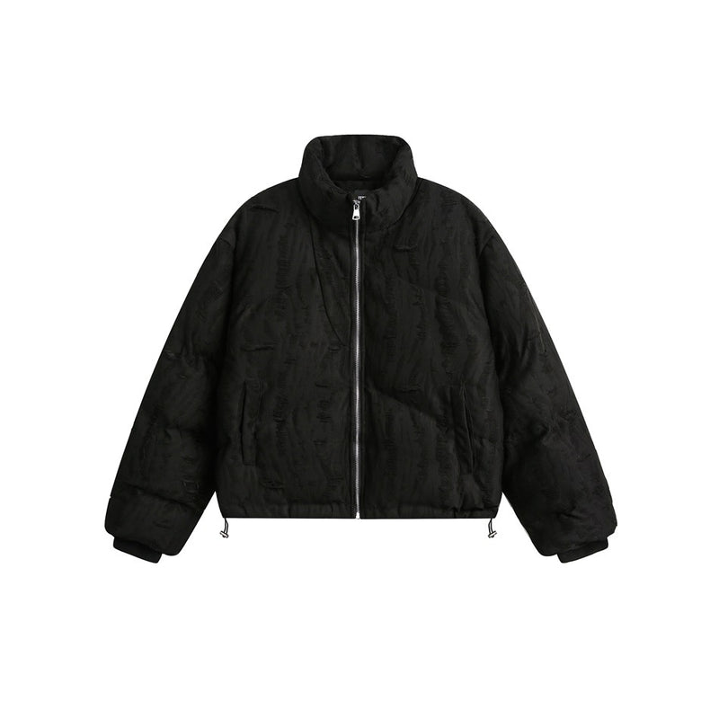 Distressed Texture Puffer Jacket Stand Collar Padded Coat