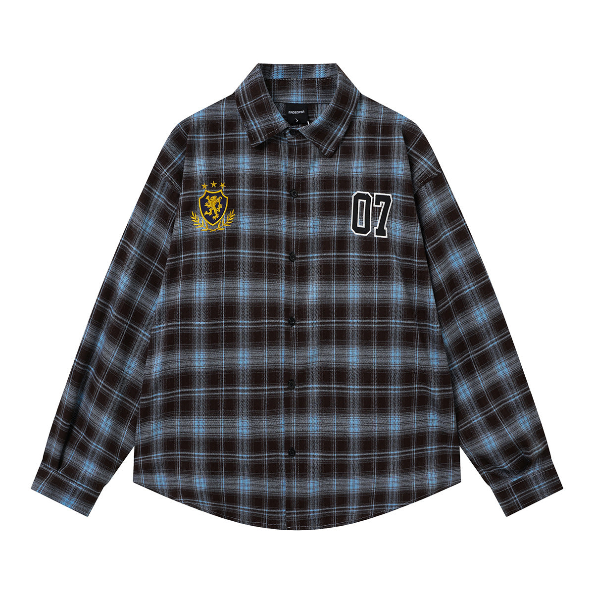 Kariertes Flanell-Overshirt mit Varsity-Emblem & Nummern-Grafik