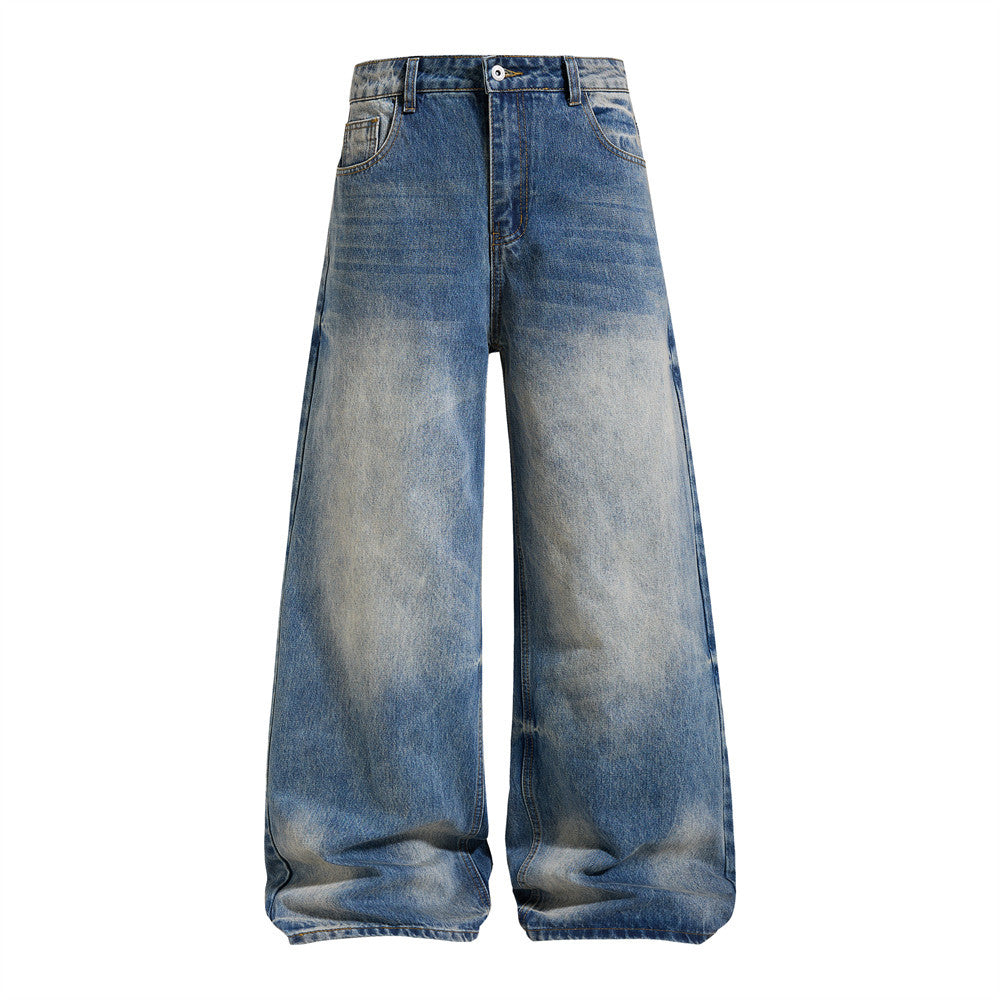 Vaqueros azules para hombre – Pantalón vaquero recto vintage lavado, de pierna ancha y corte baggy