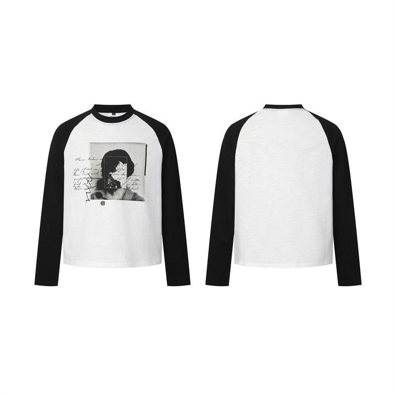 Raglan-Langarmshirt mit Grafik – Schwarz-Weiß-Porträtprint