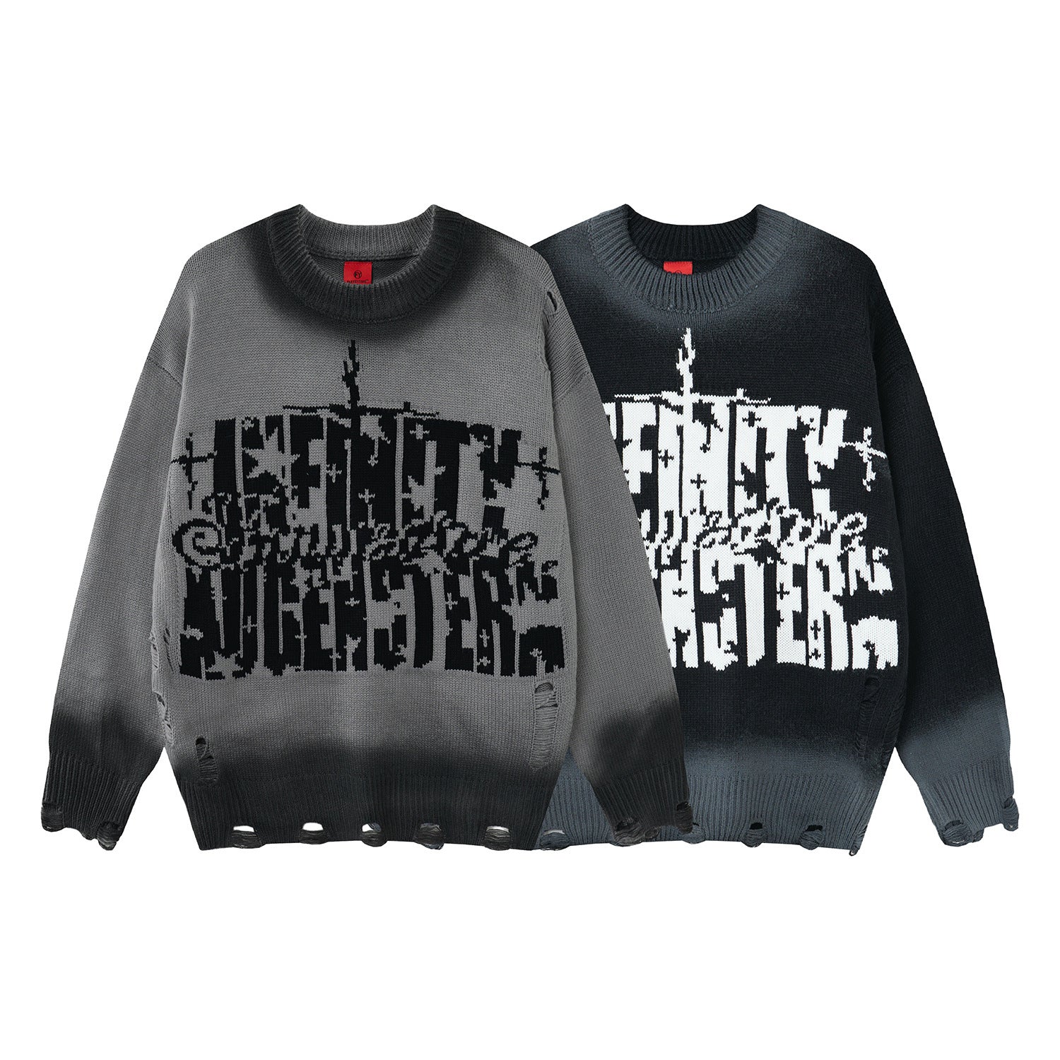 Pull col rond en maille – Graffiti usé, dégradé délavé à l’acide