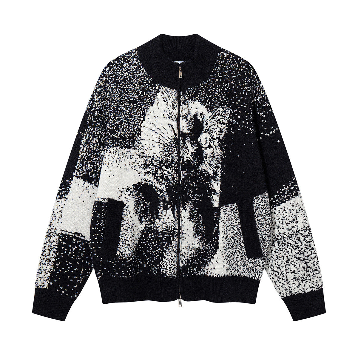 Cat Jacquard Knit Zip-Up Cardigan Sweater – Oversized Pixelated Graphic