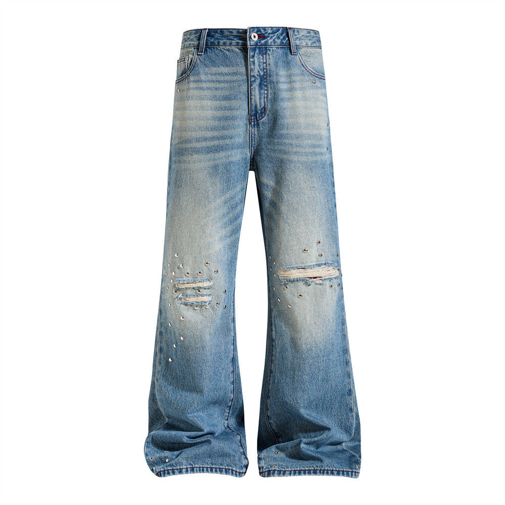 Men's Distressed Wide-Leg Flare Jeans with Stud Details – Washed Blue
